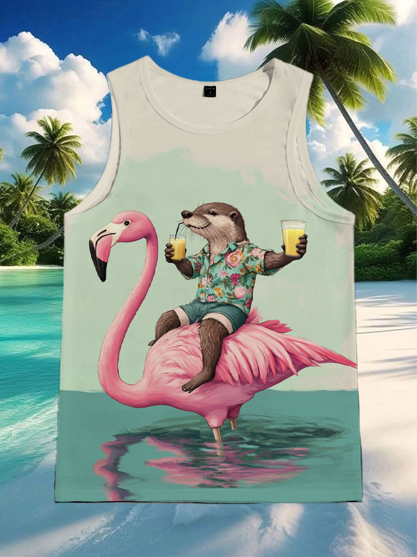 Men's Otter Riding A Pink Flamingo Art Print Tank Top
