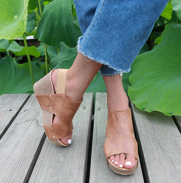 Shoes Woman Sandals Wedges Fashion Womens Flat Open Toe Wedges Thick Bottom Elastic Band Shoe Roman Sandalias Mujer