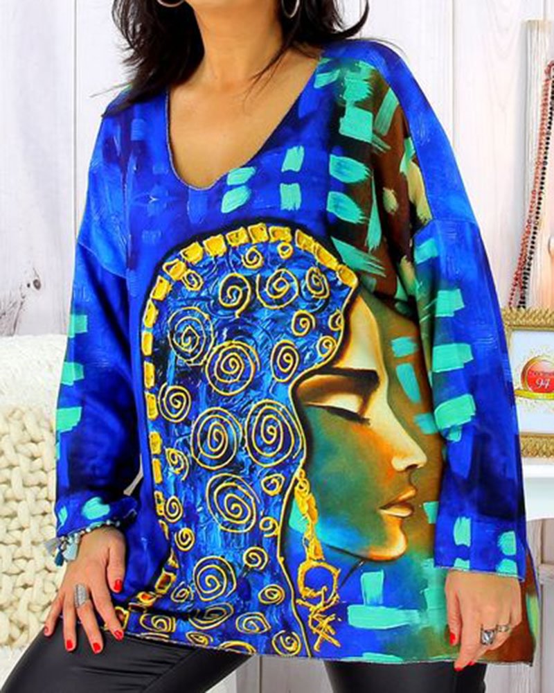 Women's Casual Loose Print Long Sleeve Top-0929-04
