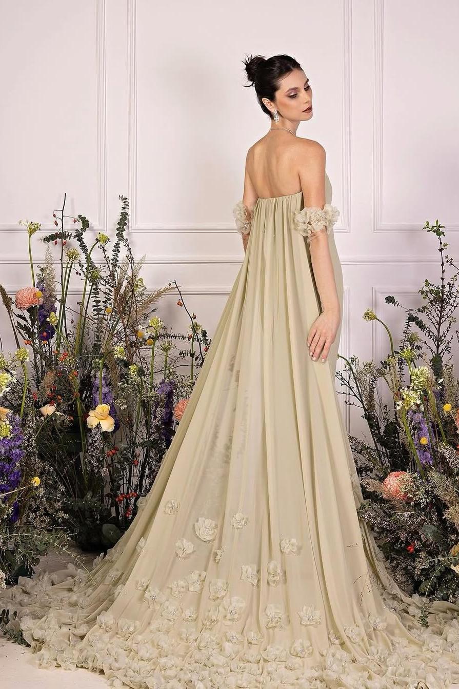 Miabel Exquisite Light Sage Satin Strapless Sleeveless Applique Prom Dress with Detachable Long Cape 