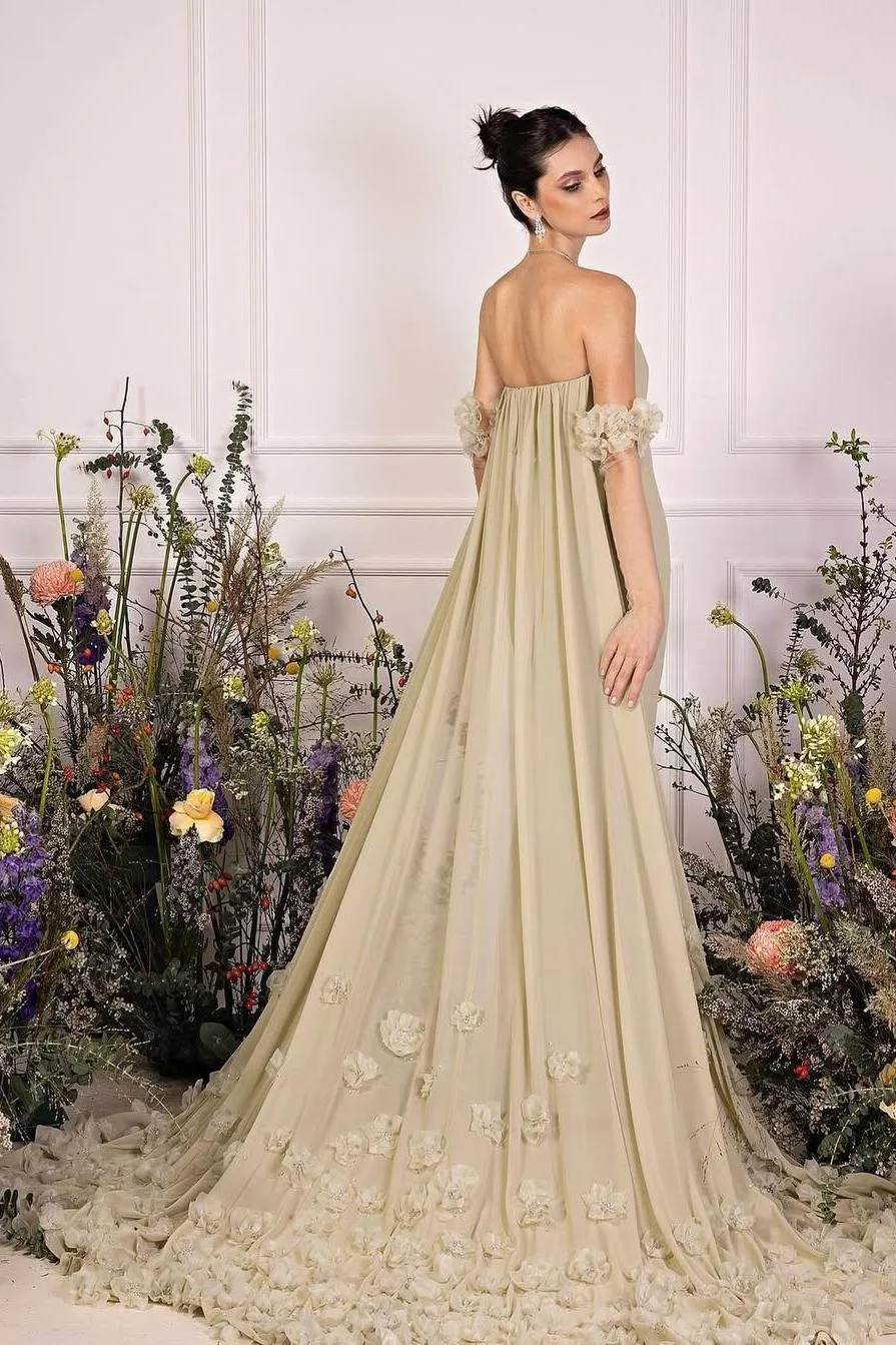 Miabel Exquisite Light Sage Satin Strapless Sleeveless Applique Prom Dress with Detachable Long Cape 
