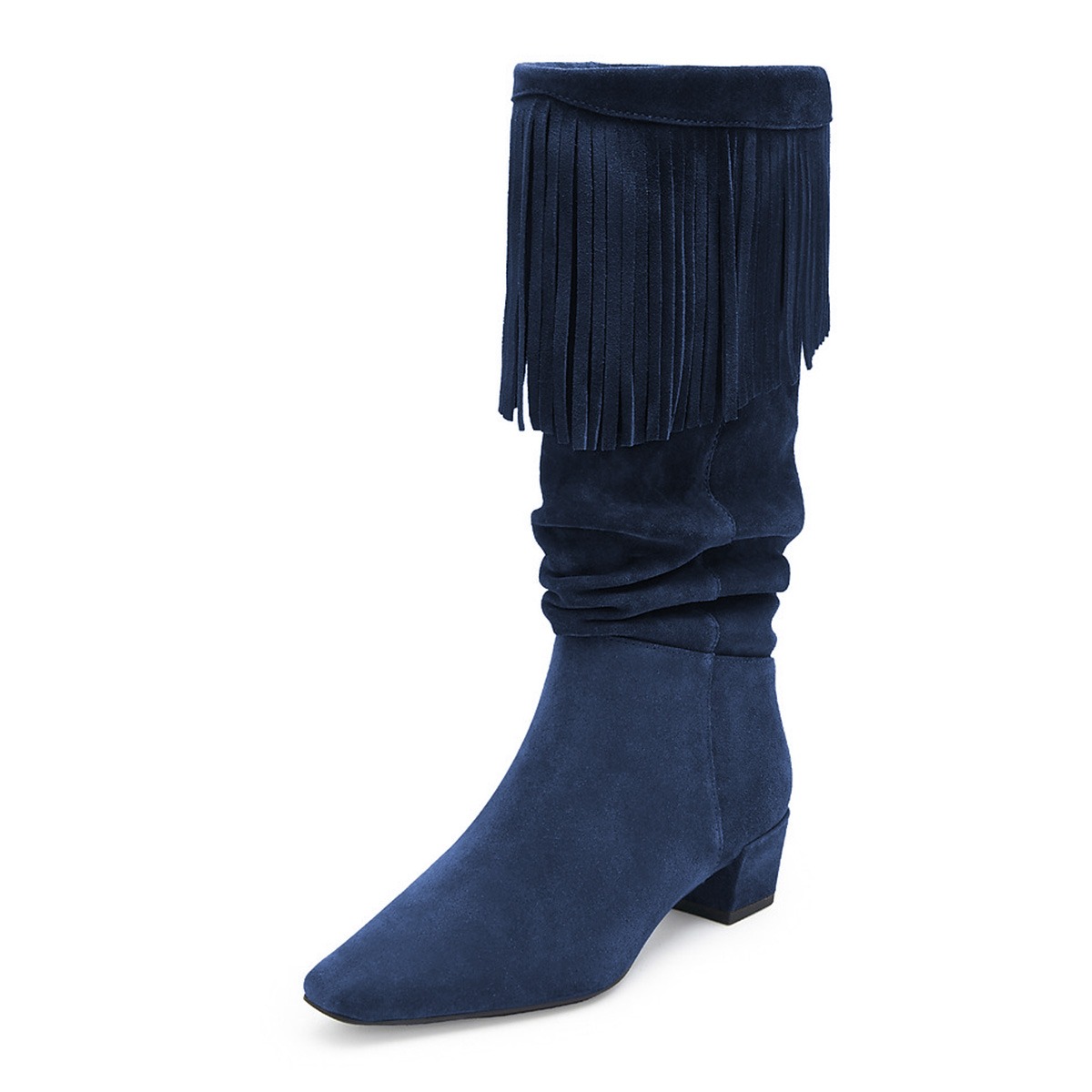 Navy Square Toe Low Block Heel Slouch Fringe Slip On Boots for Women Nicepairs