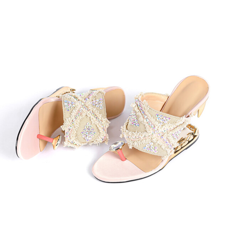 GOOSHOE Custom Women High Wedge Heeled Diamonds Denim Shoes Strange Tiger Teeth Shape Heels Sandals Rhinestone Clip Toe Slippers