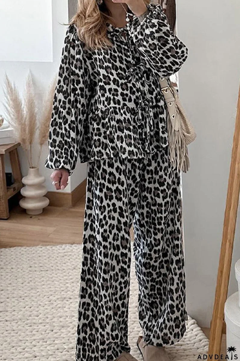 Casual daily leopard print lace up ruffle O-neck long sleeve two piece suit