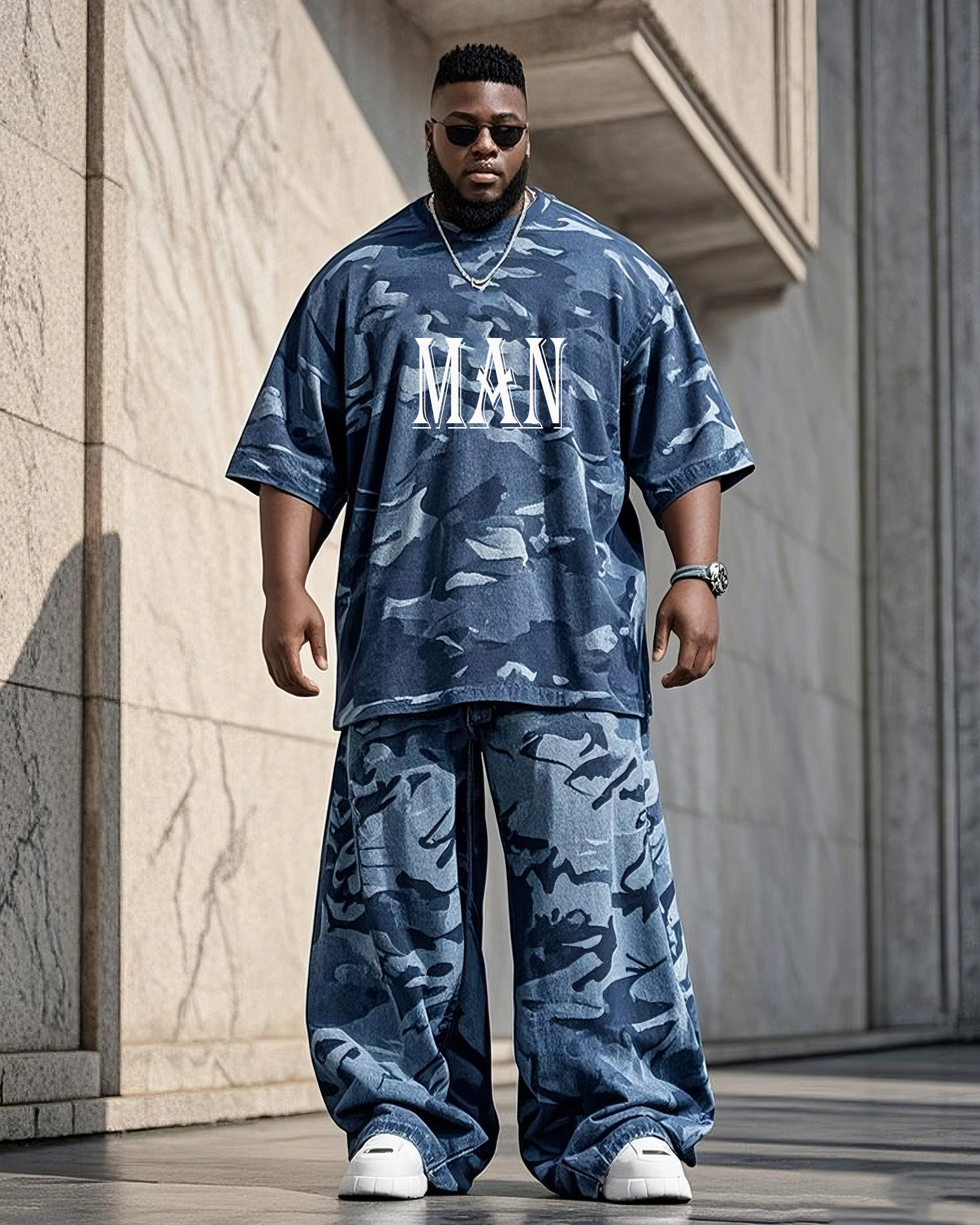 Plus Size Men's Camouflage Printed Casual Short Sleeve T-Shirt Pants Suit