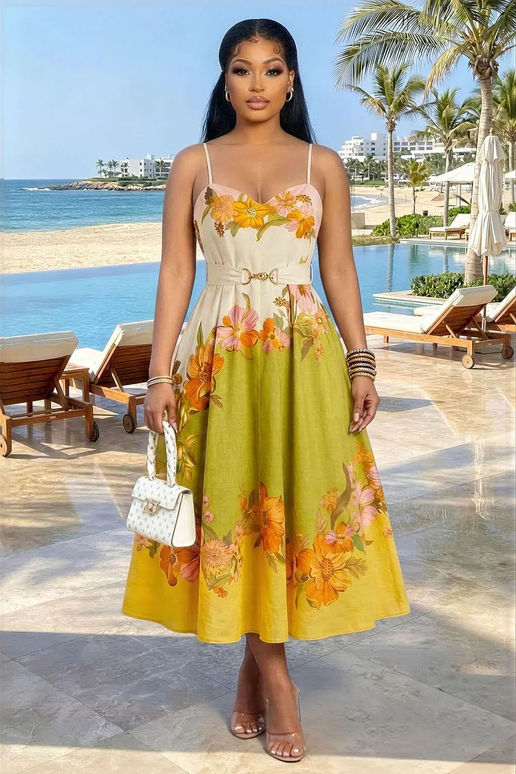 Cami Neck Floral Print A-Line Vacation Maxi Dresses-Multicolor [Pre Order]