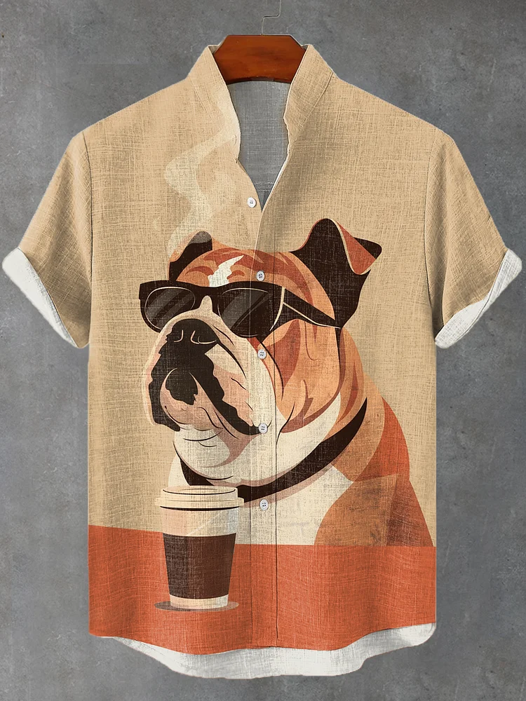 Men's Cool Sunglasses Bulldog Coffee Art Linen Blend Shirt