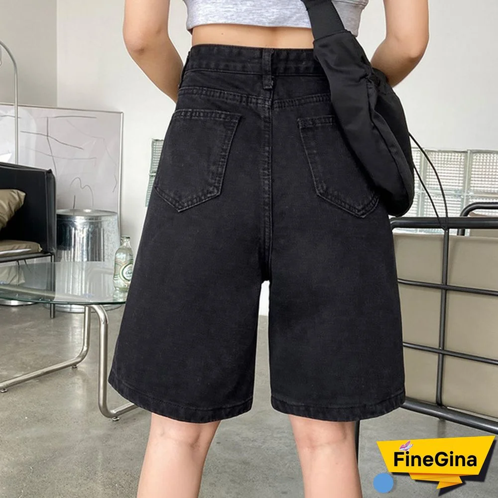 New Summer Women High Waist Wide Leg Black Denim Shorts Casual Female Loose Straight Button Jeans Bermuda Shorts