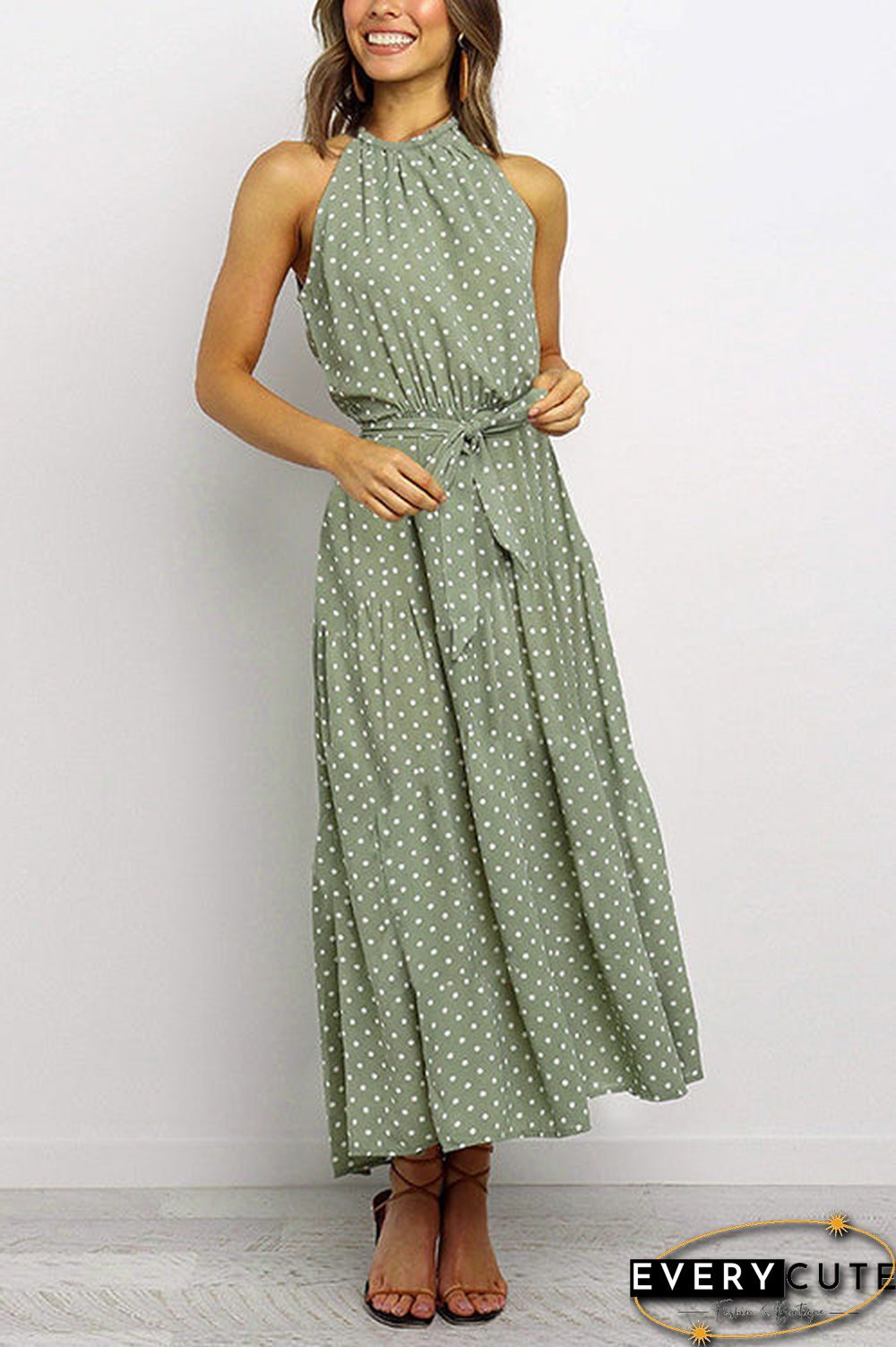 Print Belted Sleevelss Maxi Dress