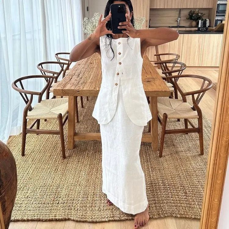 Churchf Churchf New White Square Collar Sleeveless Vest High-Waisted Skirt High Sense Suit Fashion Women's Wear