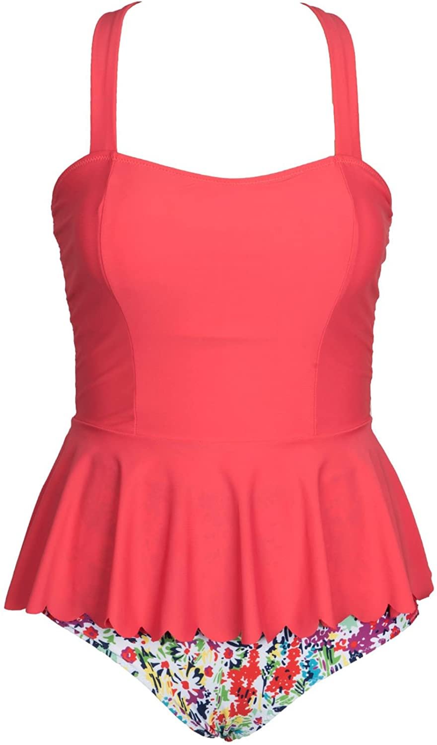 Women's Coral Falbala High Waisted Cup Shaped Padding Bikini Set (Small Coral)