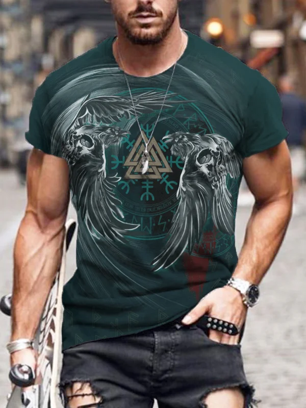 Broswear Men's Viking Vegvisir Raven Graphic Round Neck T Shirt