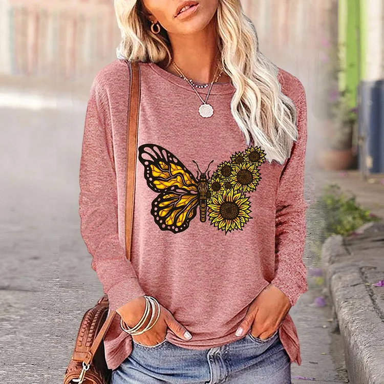 butterflies and sunflowers Round Neck Long Sleeves_G287-0023479