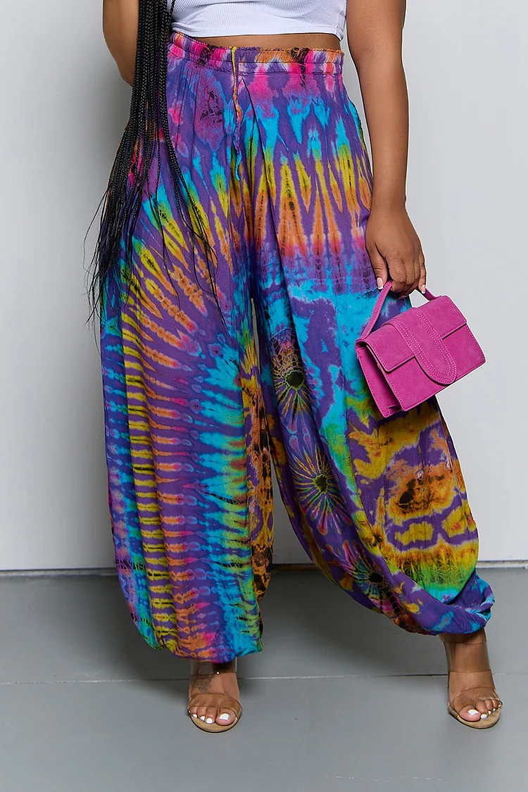 Xpluswear Plus Size Multicolor Daily Tie-dye All Over Print High Waist Pants 