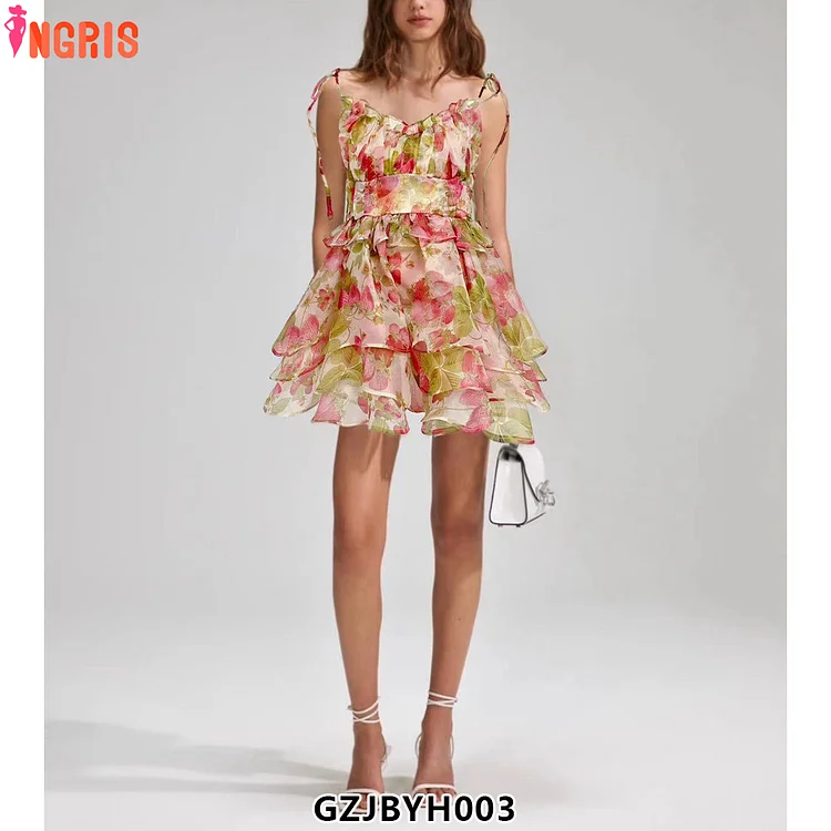 Evening Party Mini Dress 2025 Women's Strappy Print Halterneck Layered Cake Open Back Dress-GZJB003