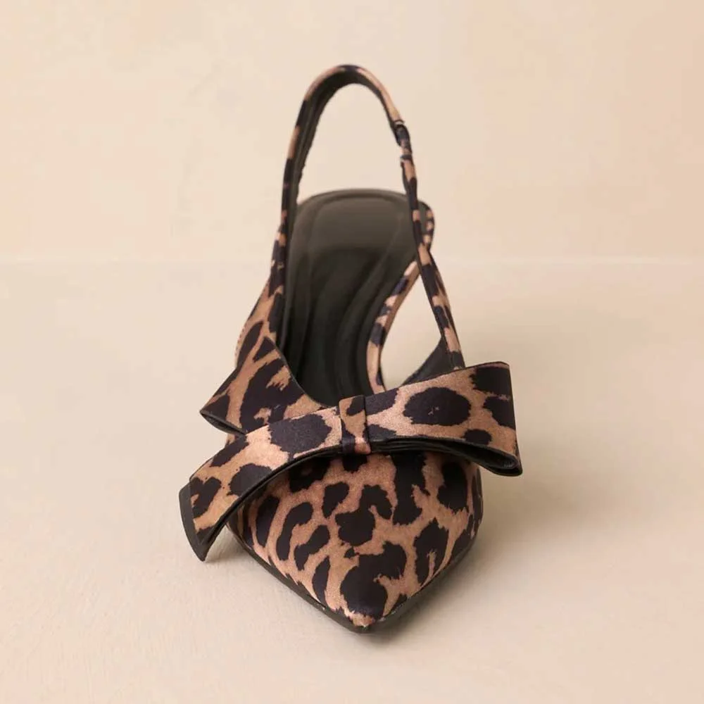 Brown Leopard Print Pointed Toe Bow Slingback Shoes with Flared Heel