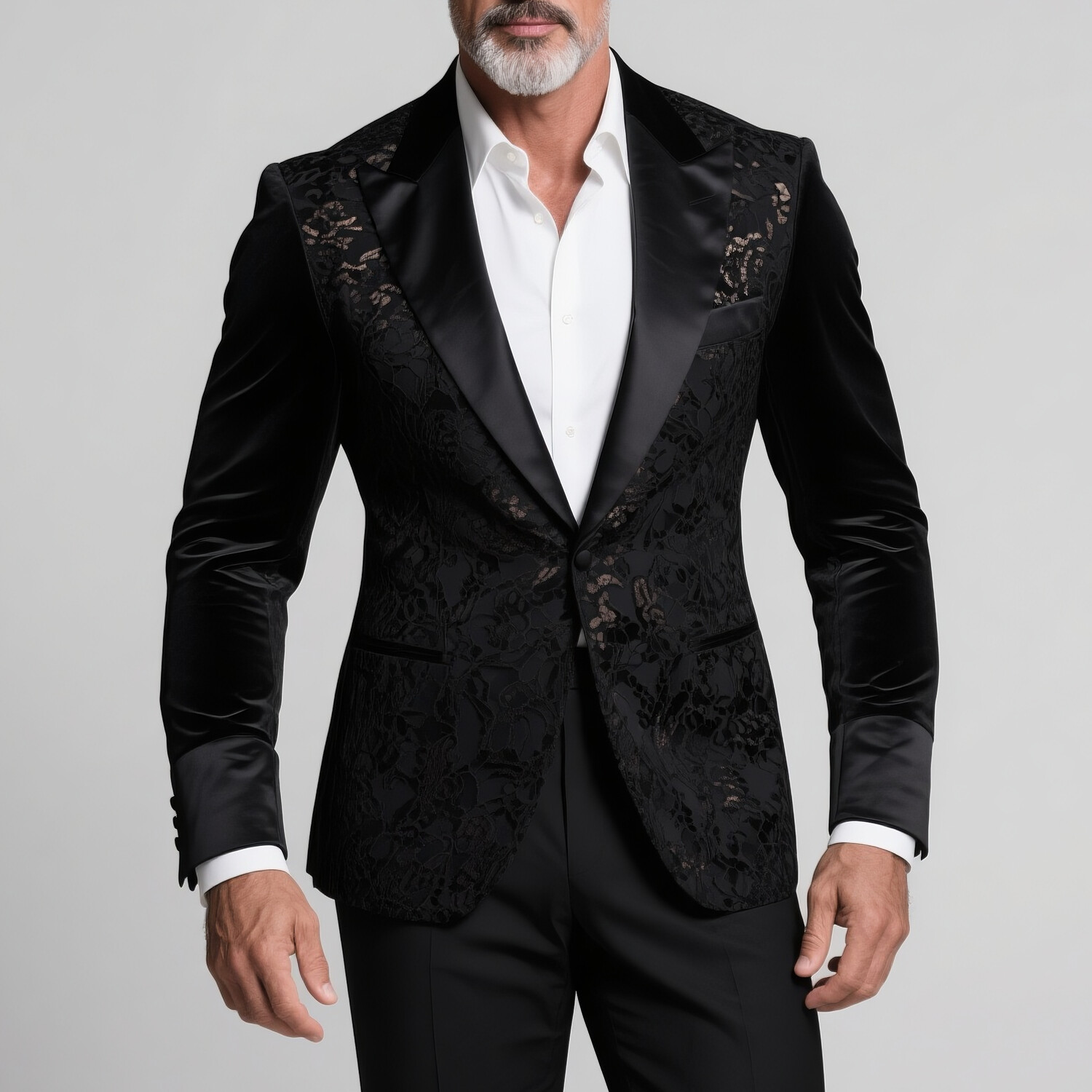 Men's Lace Patchwork Satin Peak Lapel One Button Long Sleeve Blazer