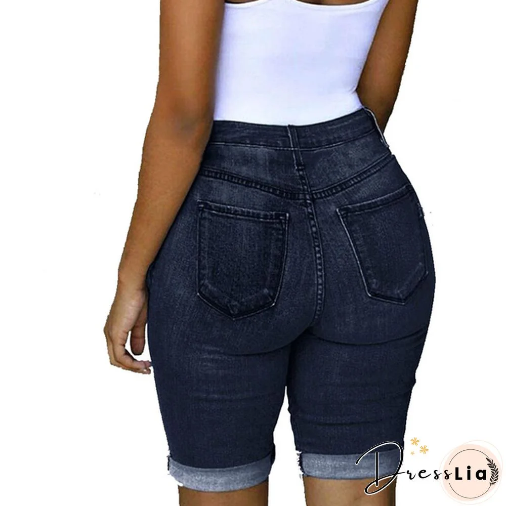 Women Casual Street Style Half Blue Denim Shorts Stretch Pants Slim Boyfriend Ripped Hole Jeans