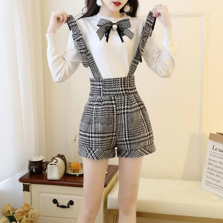 Kawaii Bow Knitted Sweater Suspender Shorts Set SP13453