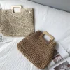 Ladies square wooden handle large capacity straw woven handbag