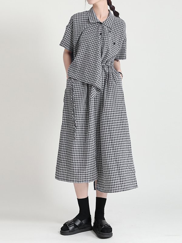Plaid Irregular Loose False Two Short Sleeve Dress