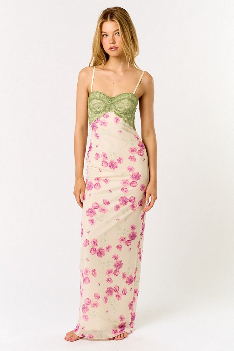 Lace Patchwork Slim Fit Floral Print Slip Maxi Dresses-Green [Pre Order]
