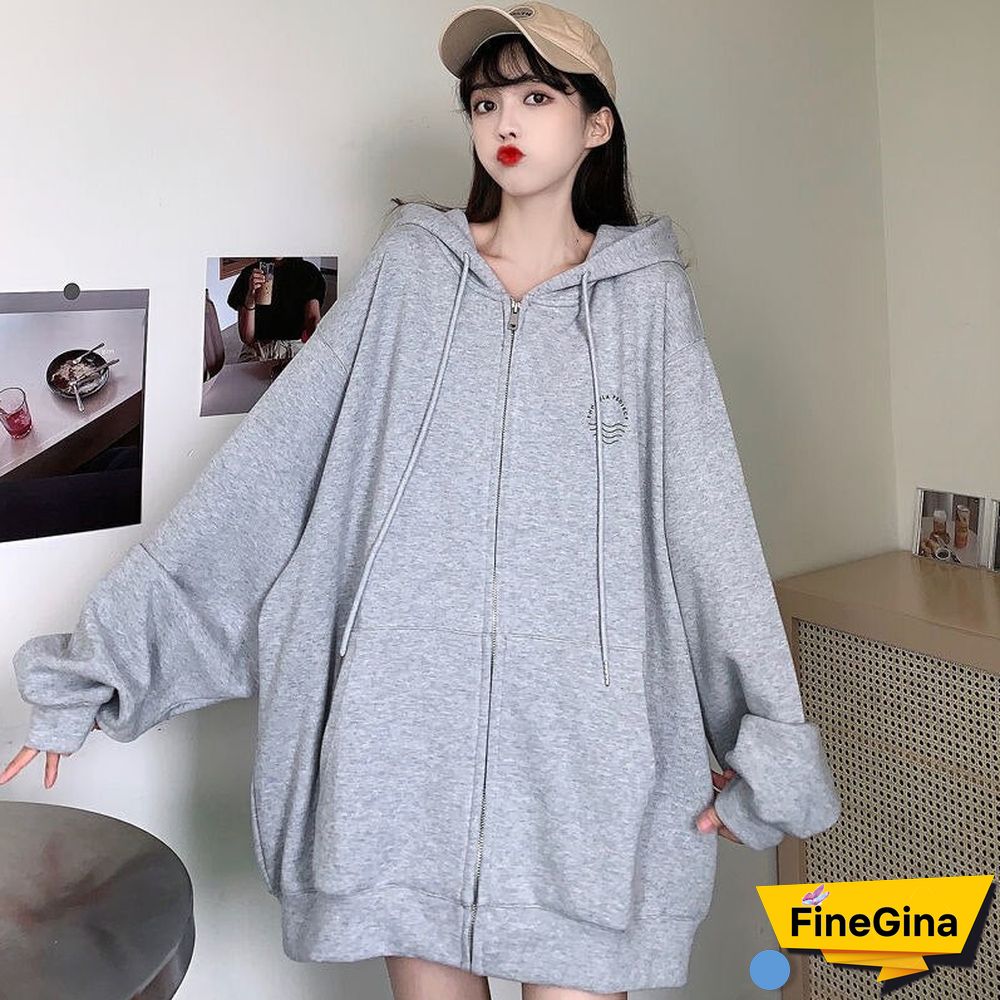 Retro Zip Up Hooded Sweatshirts Womens Fashion Spring Autumn Clothes Loose Hoodies Korean Long Sleeve Casual Oversized Pullover