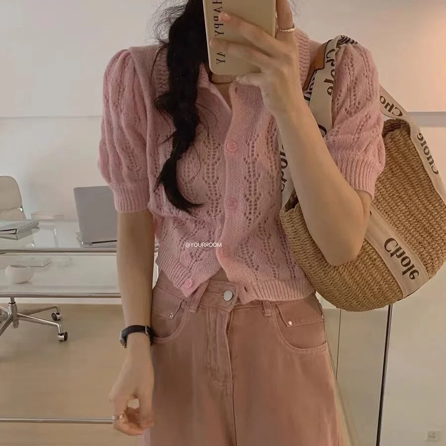 Churchf Churchf Summer New Design Sense Short Polo Collar Short Sleeve Jacket Sweet Hollow Out Bubble Sleeve Sweater Woman