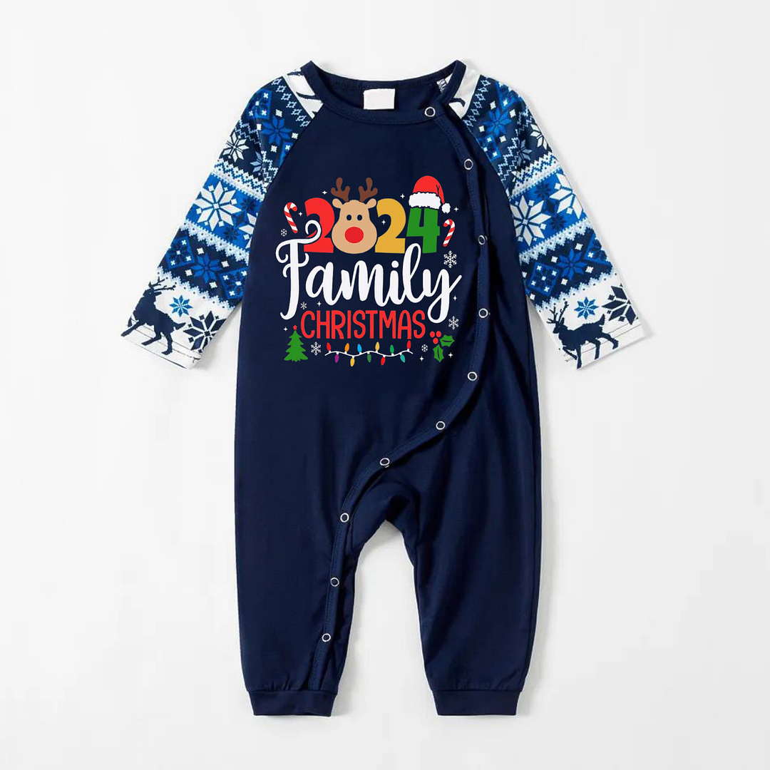 2024 Christmas Text and Deer Print Blue Family Matching Pajamas