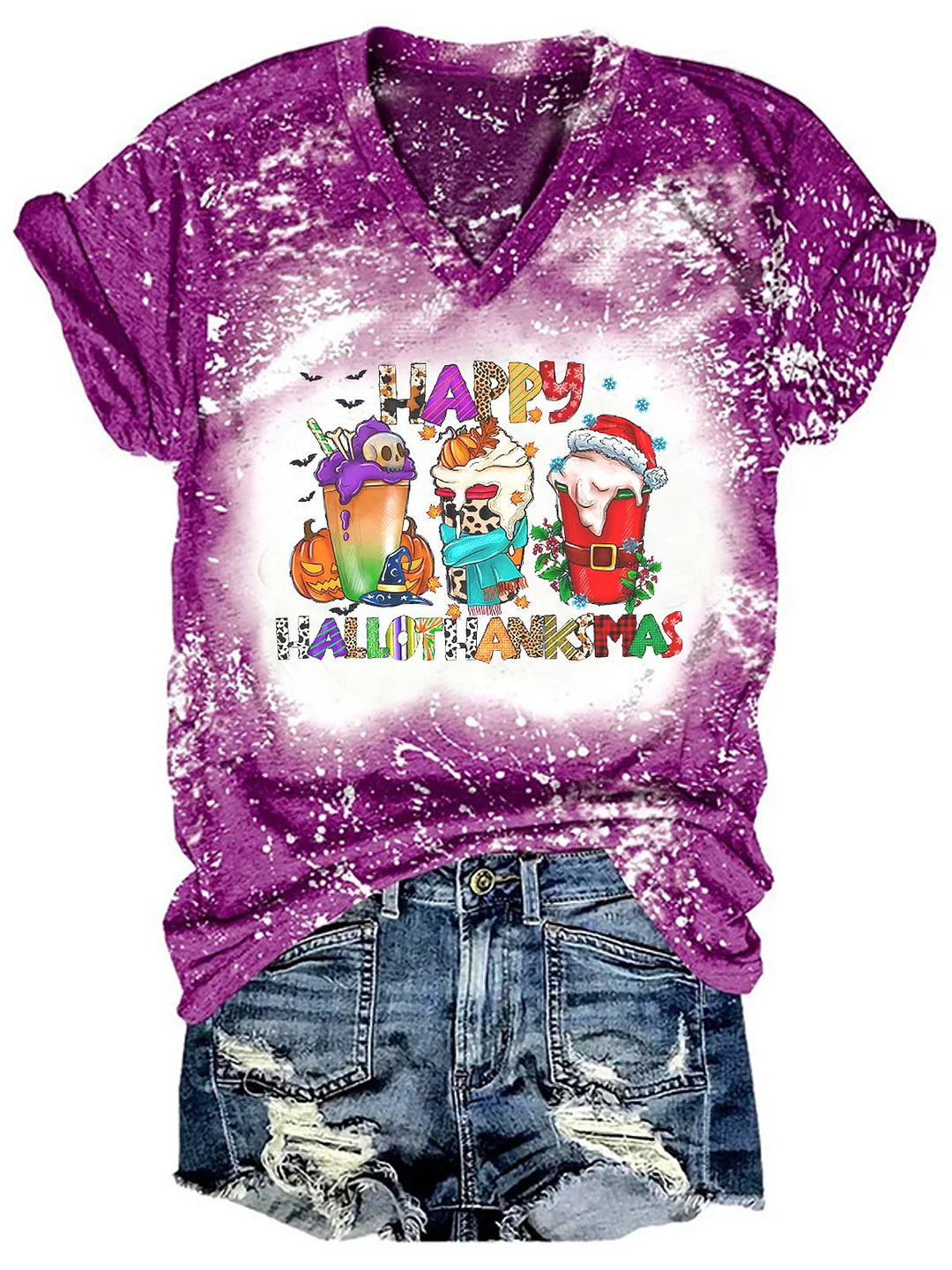 Happy Hallothanksmas Coffee Print Tie Dye Shirt