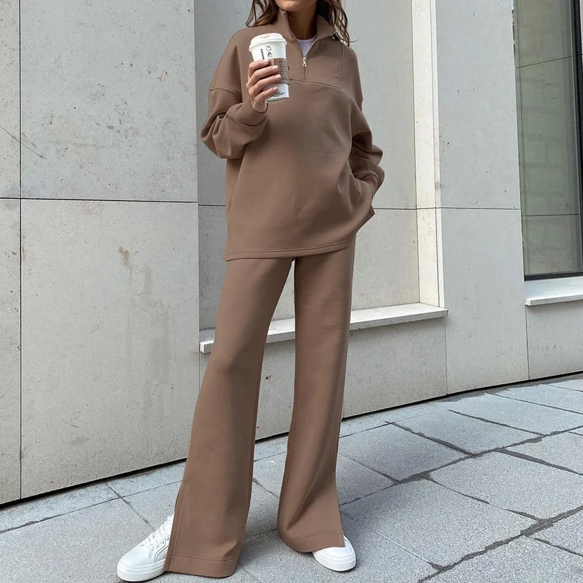 OOTN Sweatshirt Sets Pullover Stretch Stand Collar Zipper Knitted Suit Women Casual Split High Waist Straight Pants Outfit 2021