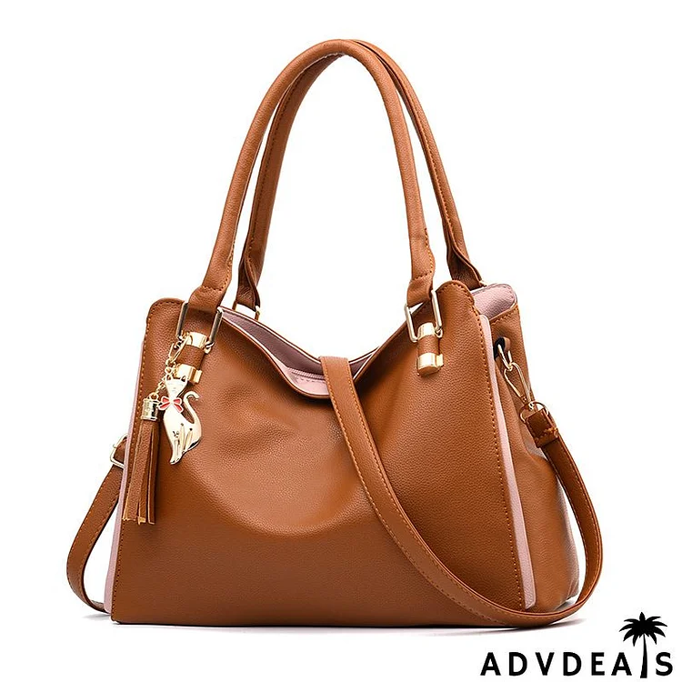 Women Vintage Design Solid Color Large Capacity Shoulder Handle Bag