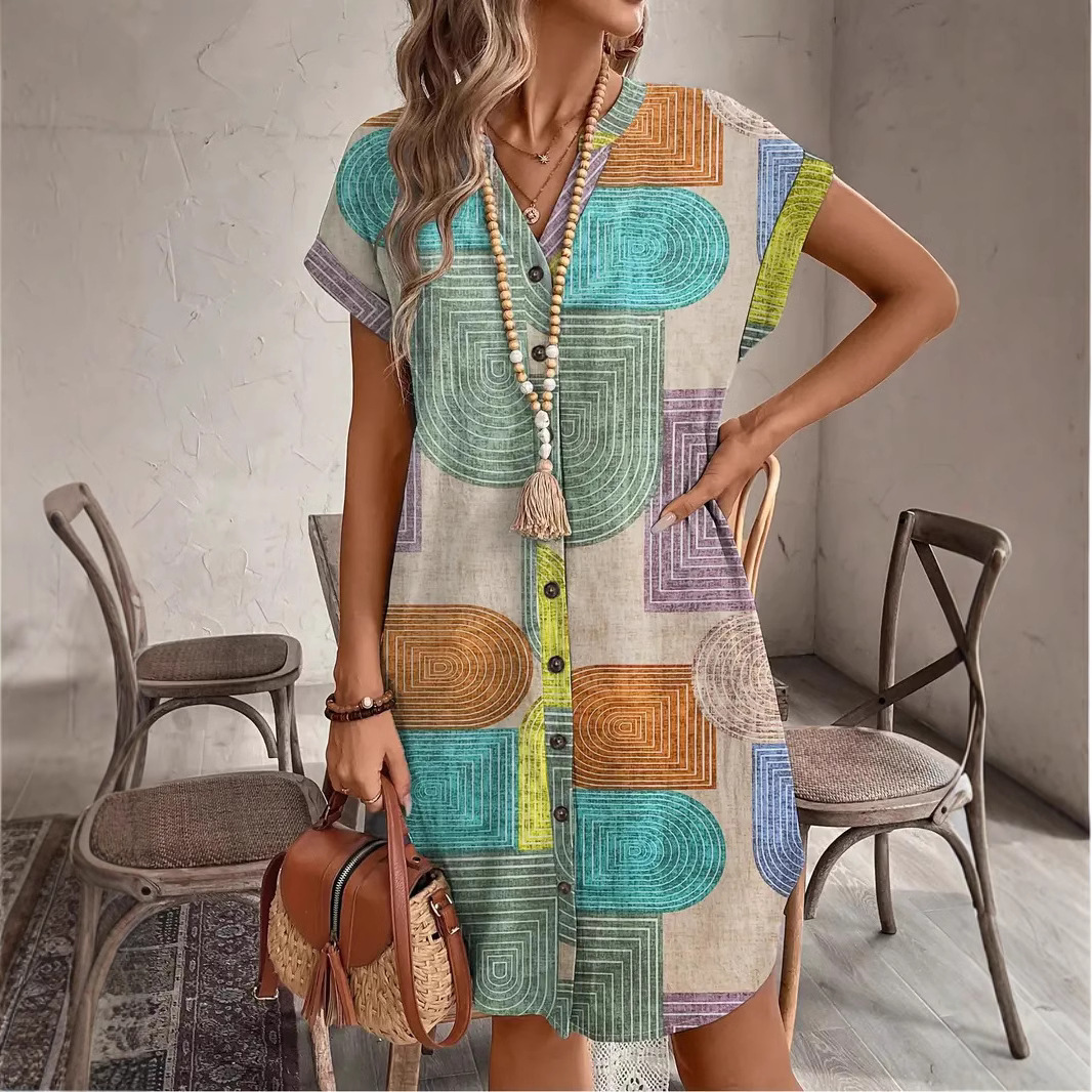 Mature Women Casual Summer Printed Woven Elegant V-neck Button Dress