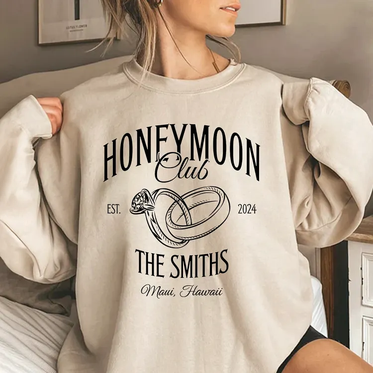 Custom Honeymoon Club Sweatshirt with Family Name, Personalized Wedding Year and Destination, Newlywed Bride Shirt, Honeymoon Gift