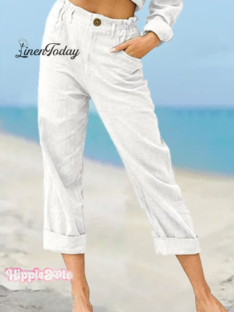 Women’s Solid Color Fashion Loose High Waist Casual Cotton Linen Trousers White / S