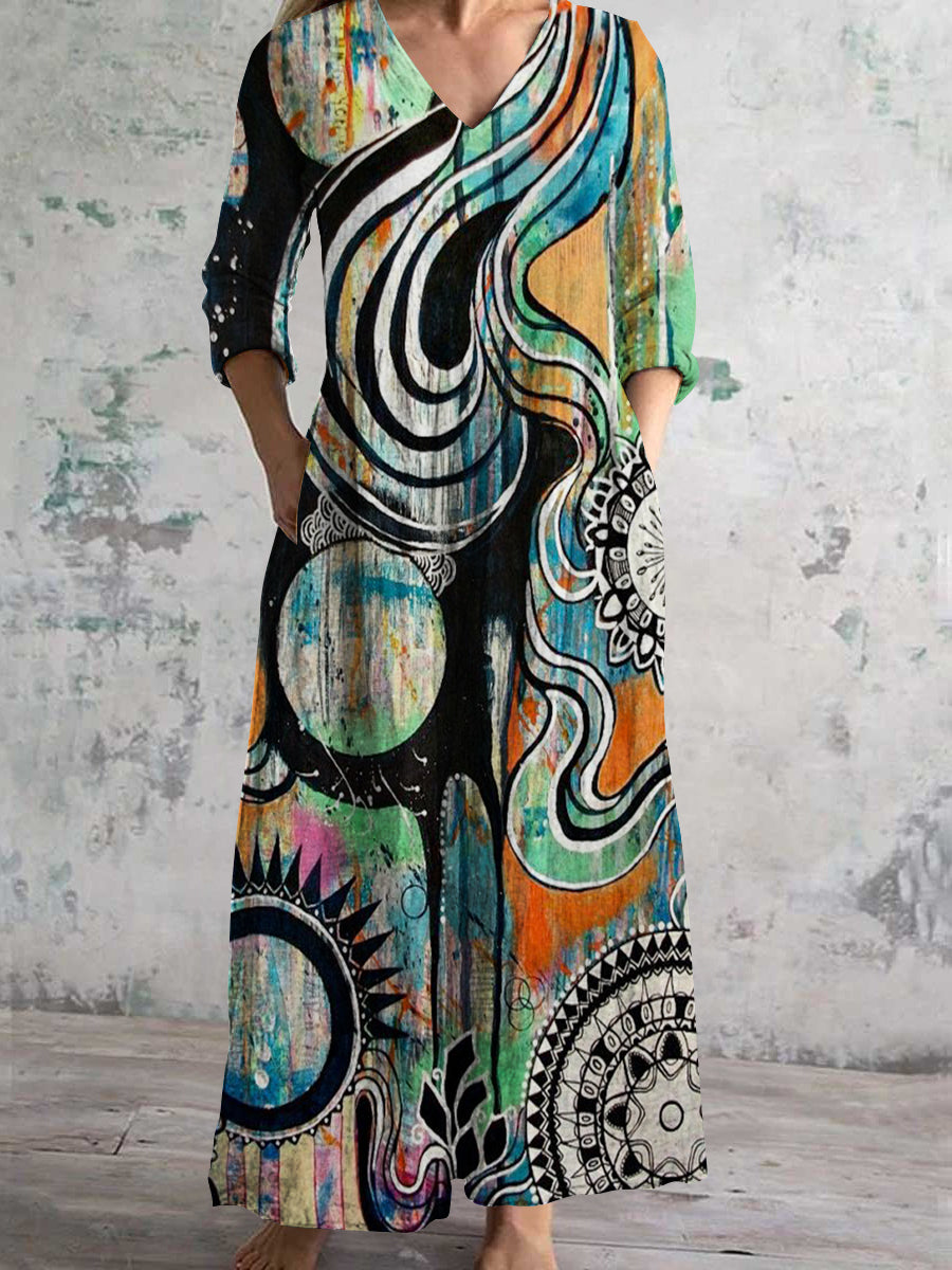 Women's V Neck Abstract Painted Pattern Art Print Cotton and Linen Pocket Dress