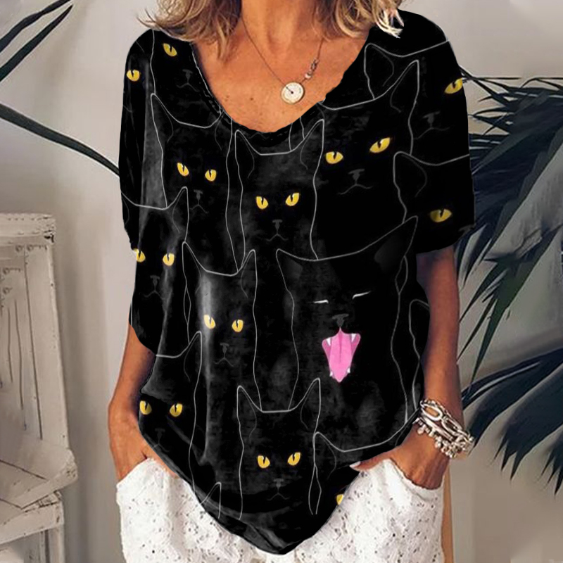 Casual Black Cat Print Short Sleeve T-Shirt wearshes