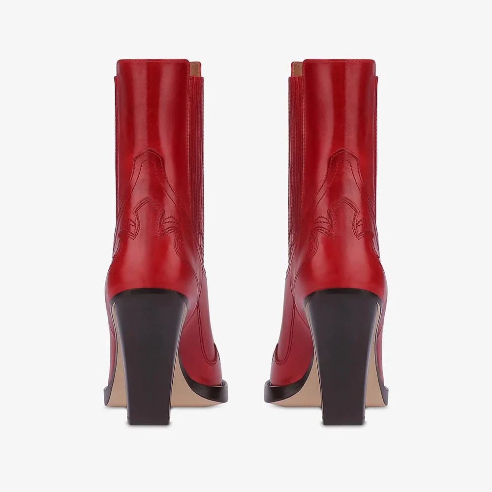Women's Red Embroidered Pointed Toe High Heel Cool Chelsea Boots