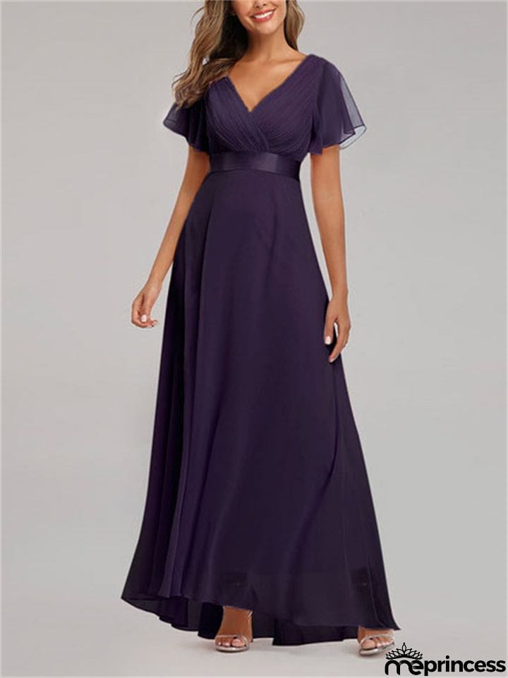New Elegant V-Neck Ruffles Chiffon Formal Evening Gown Maxi Dresses