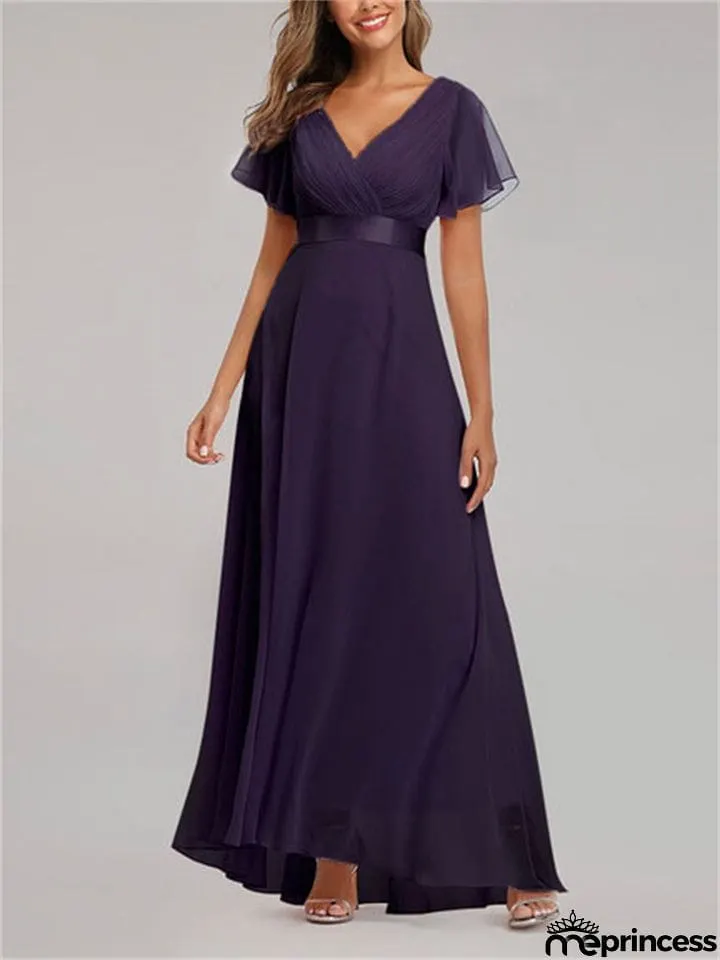 New Elegant V-Neck Ruffles Chiffon Formal Evening Gown Maxi Dresses