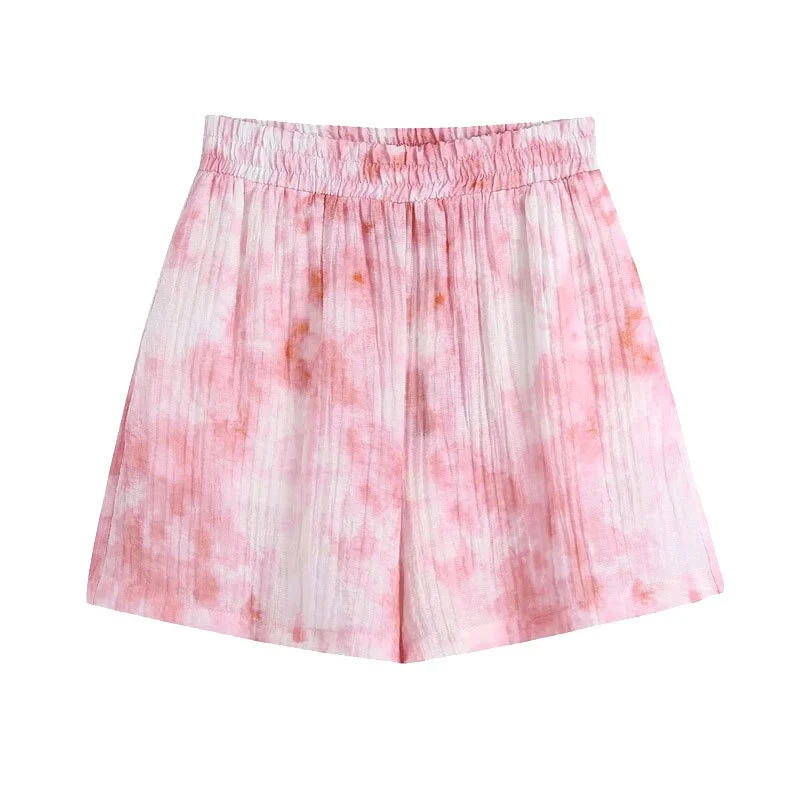 TRAF Women Chic Fashion Side Pockets Tie-dye Print Shorts Vintage High Elastic Waist Female Short Pants Mujer