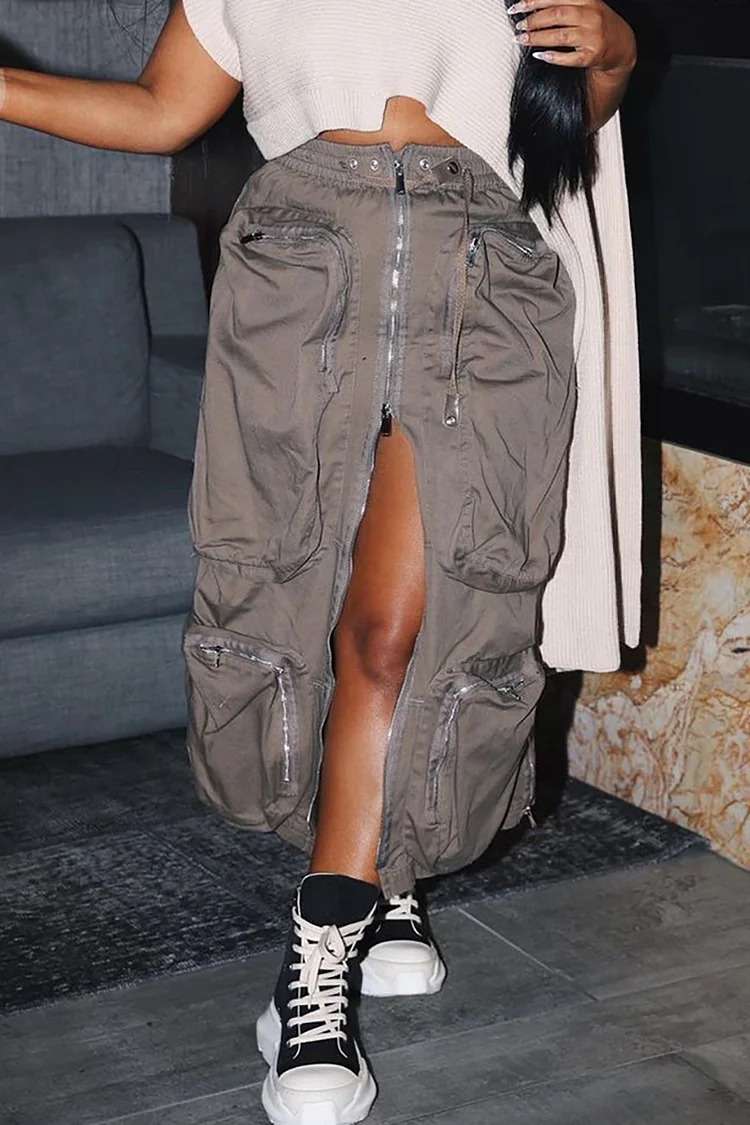Xpluswear Plus Size Grey Daily High Waist Zipper Stitching Large Pocket Loose Workwear Skirts 