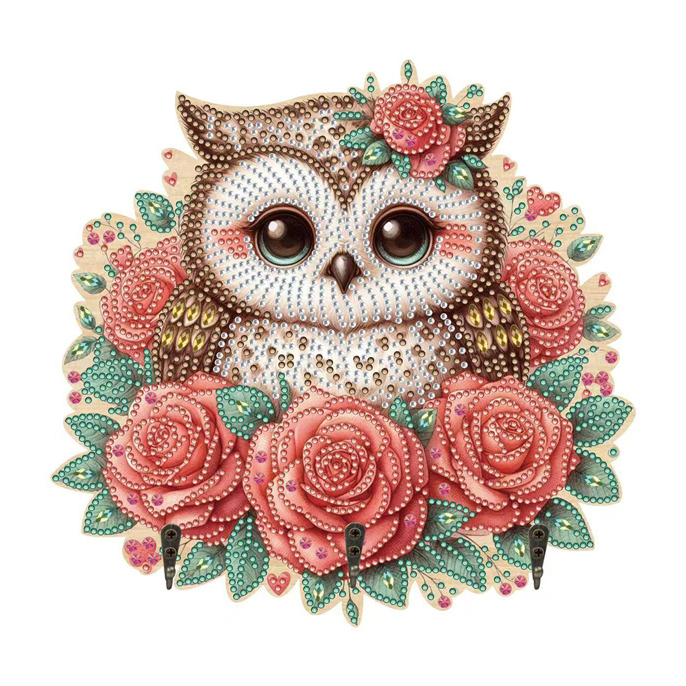 Wooden Rose Owl DIY Diamond Art Craft Wall Hooks A Row of 3 Hooks for Beginners