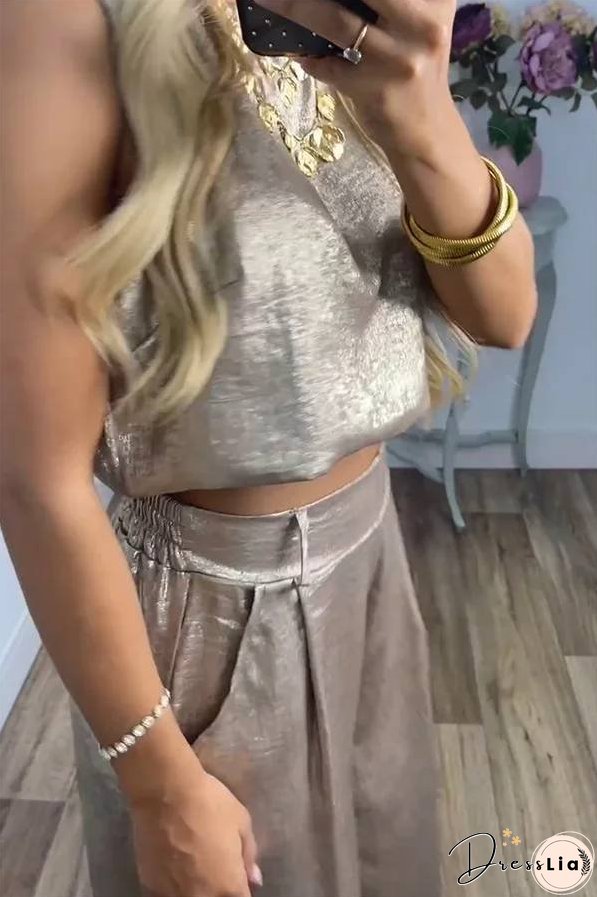 Rita Metallic Fabric Back Buttons Crop Tank and Elastic Waist Pocketed Wide Leg Pants Set