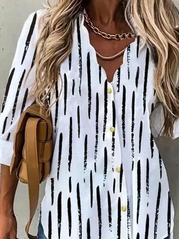 V Neck Striped Long Sleeve Casual Blouse