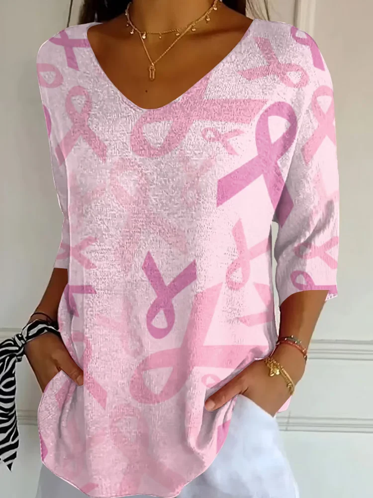 Womens Breast Cancer Awareness Pink Floral Print Striped Fabric Casual V Neck T-shirt