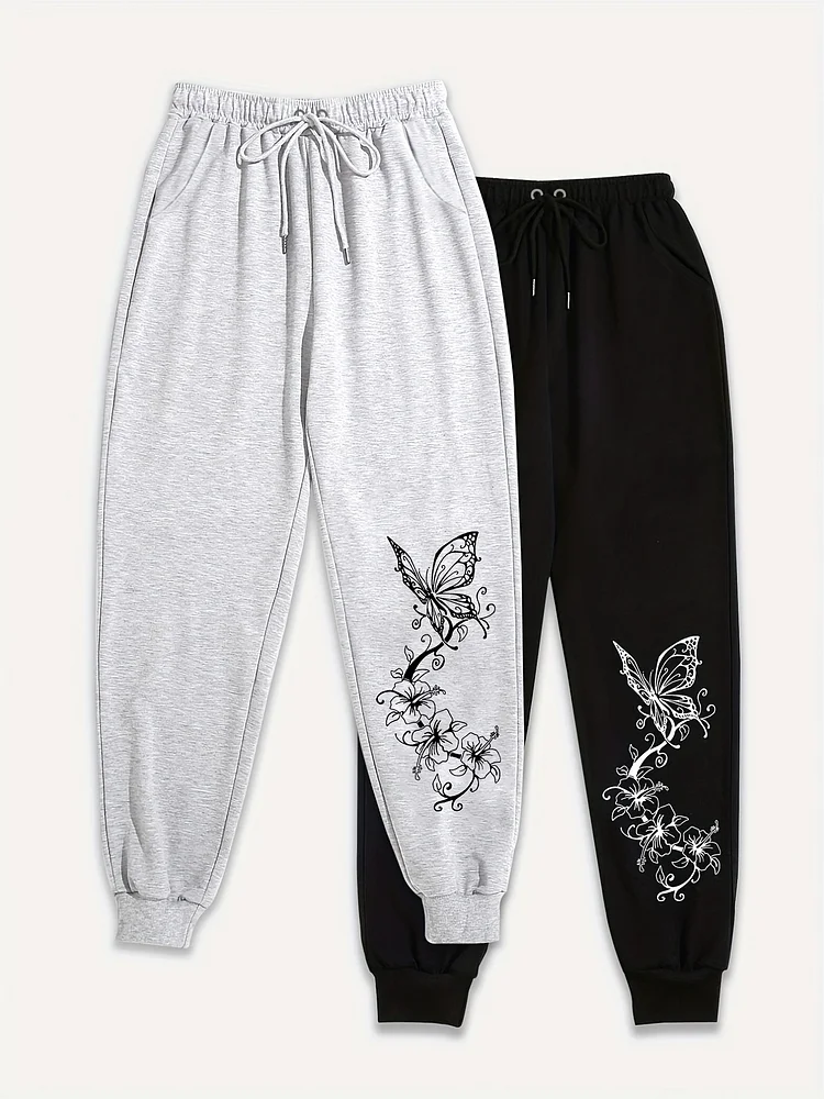 Two-Piece Butterfly Printed Sports Pants, Casual Daily Pants, Women's Clothing