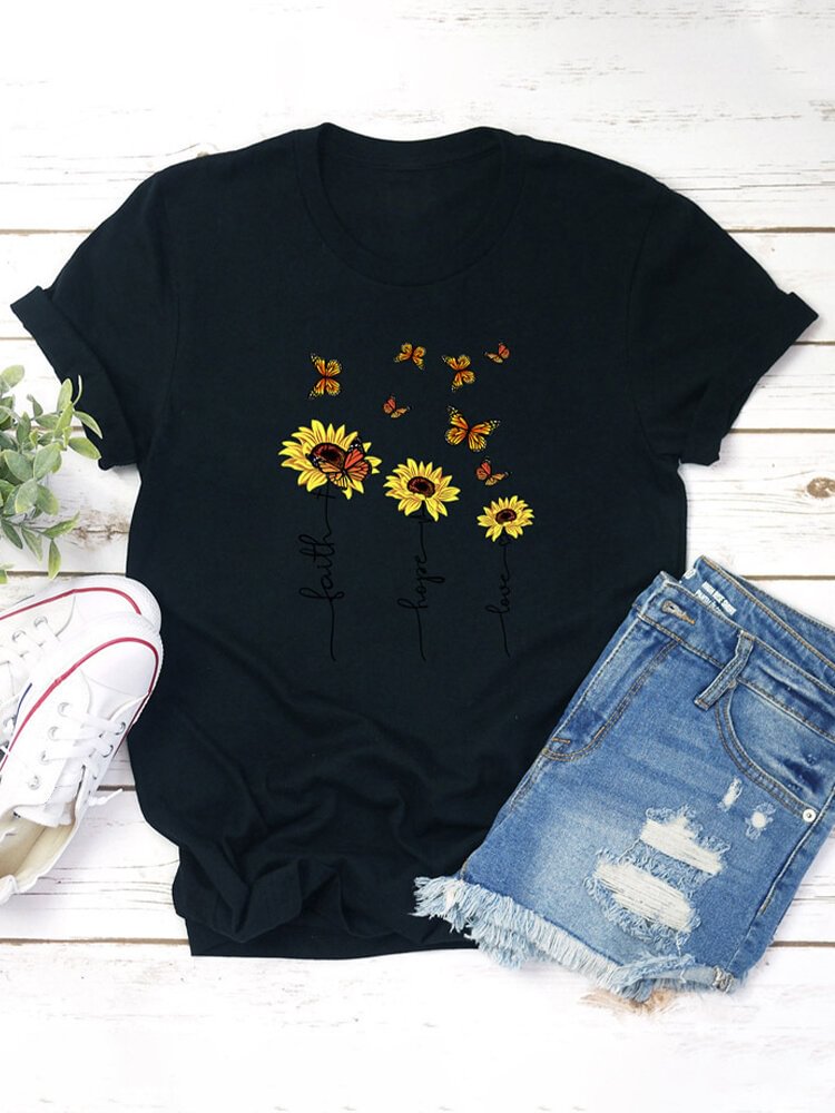 Sunflower Butterflies Print Short Sleeve T shirt For Women P1661001