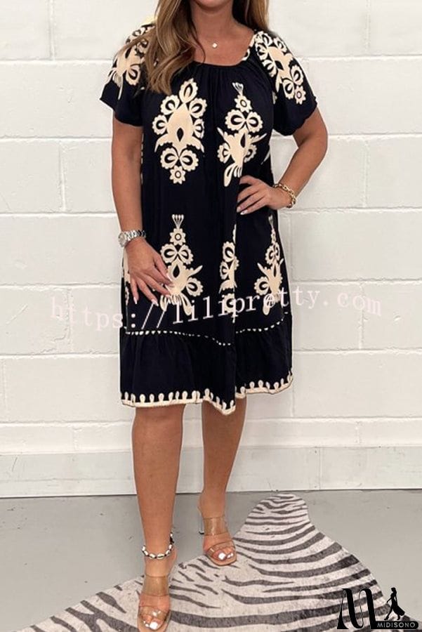 MidiSono - Geometric Pattern Multi Print Square Neck Dress