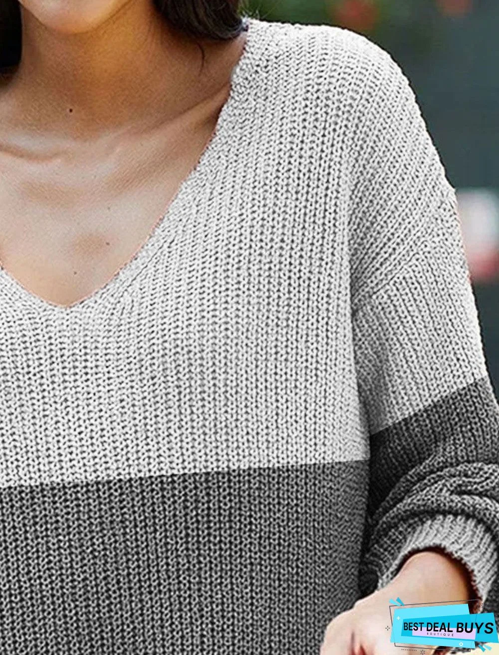 Fashion Color Matching Pattern Long-Sleeved V-Neck Casual Pullover